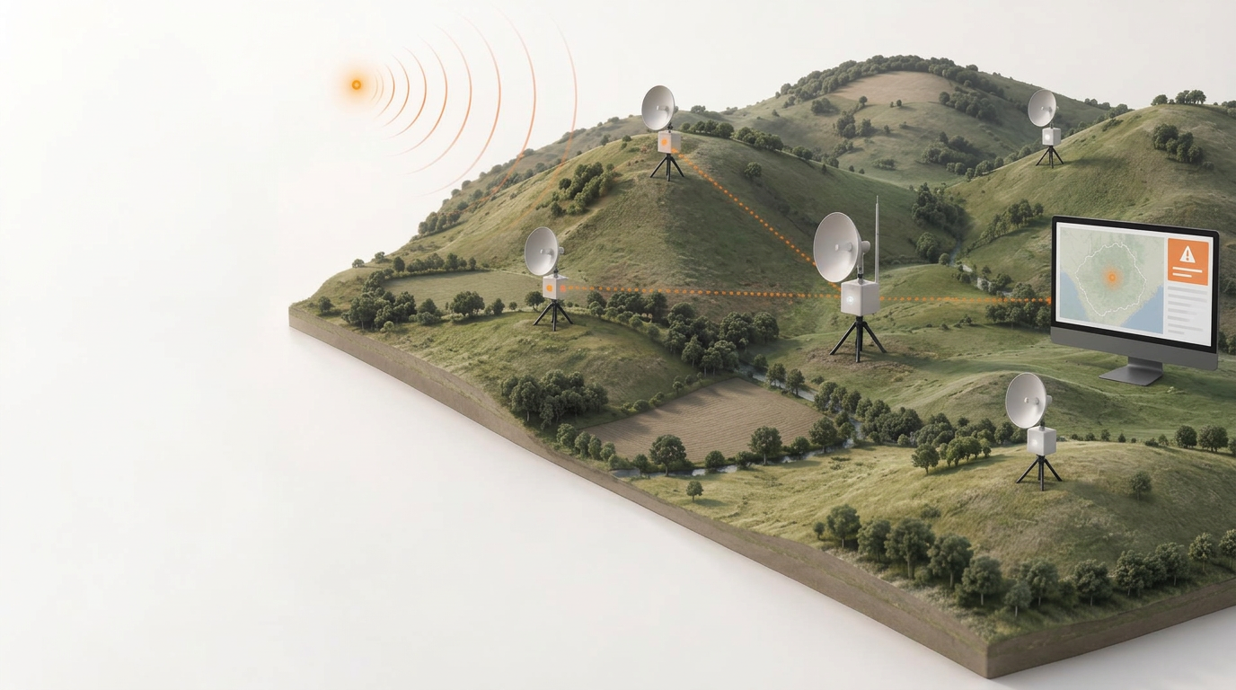 Conceptual illustration: an airborne acoustic event is detected by distributed parabolic sensor nodes, relayed through a central node to a Watchtower operator screen showing an alert