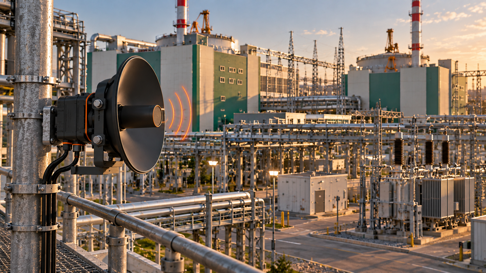 Acoustic sensor on an industrial structure overlooking a power plant at golden hour