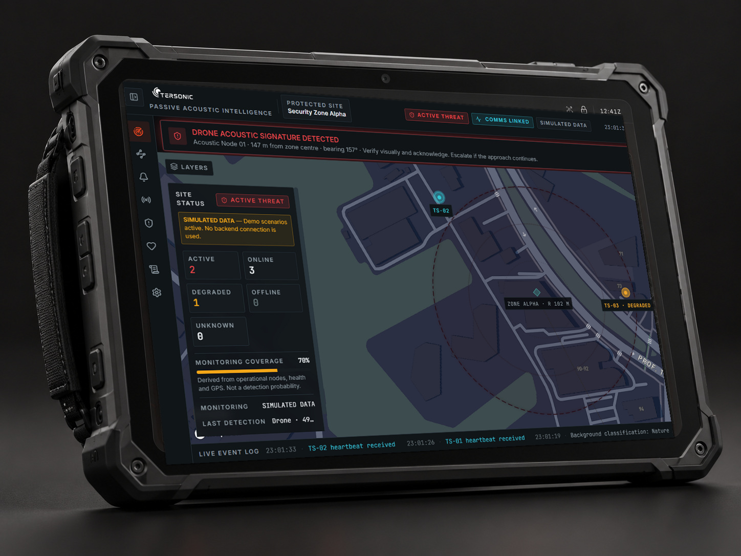 Illustrative rugged tablet mockup displaying a supplied Watchtower system screenshot with simulated data