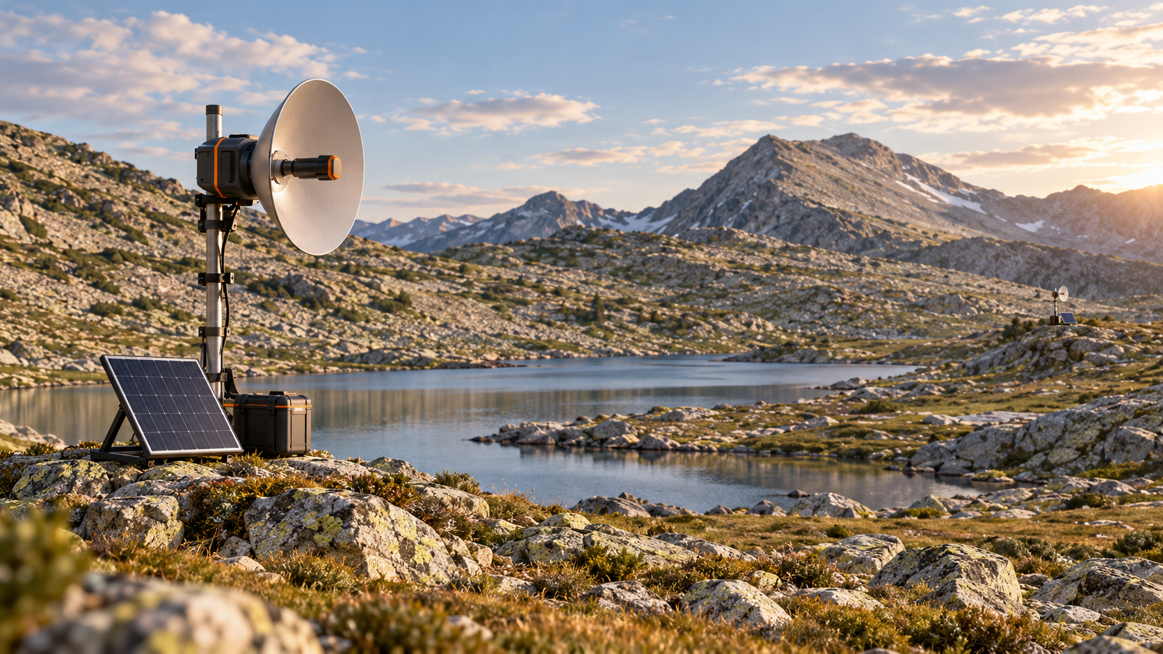 Illustrative render of an off-grid acoustic sensor overlooking a remote lake landscape