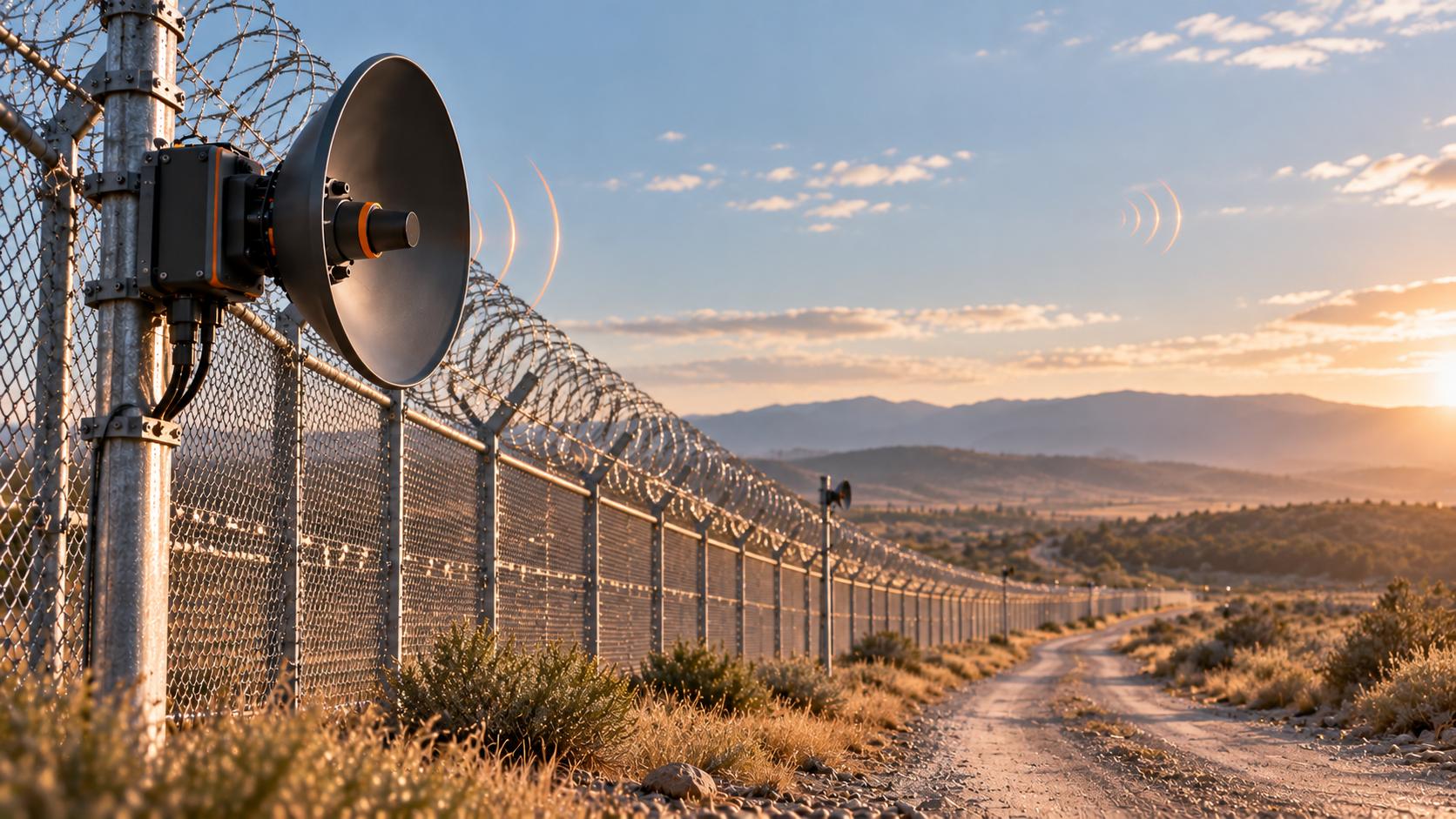 Illustrative render of an acoustic sensor mounted on a perimeter fence at golden hour